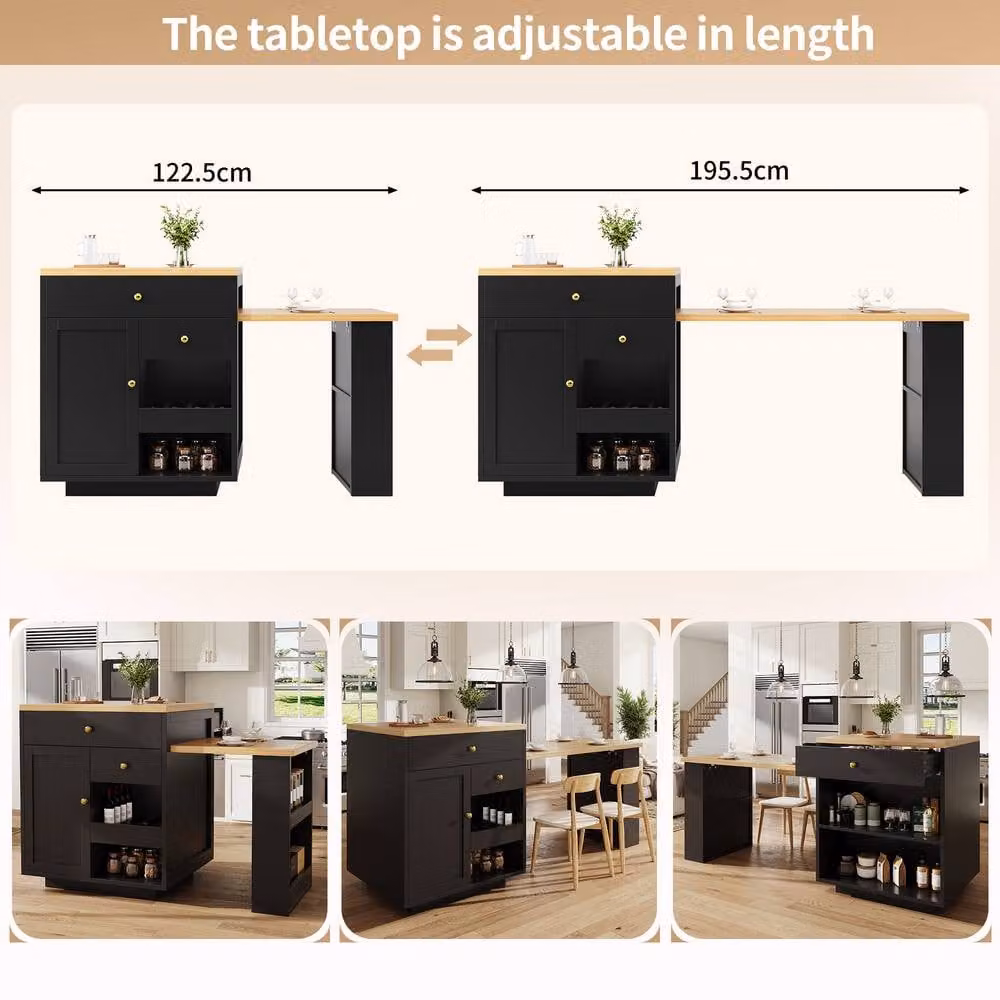 Rolipo Black Extendable Modern Kitchen Island with Storage and Wine Rack – 6