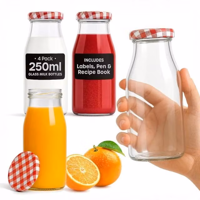 Volila 4 Pack Reusable Red Glass Milk Bottles with Lids, Labels and Pen, 250 ml per bottle – 1