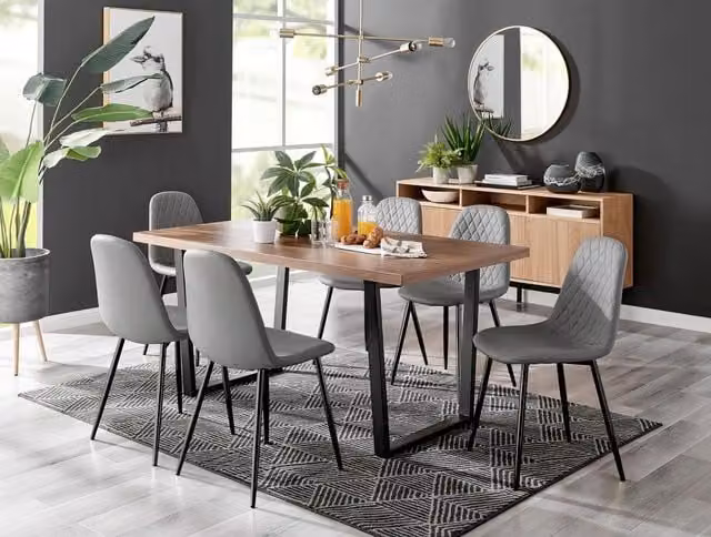 FurnitureboxUK Kylo Brown Wood Effect Rectangular Dining Table and 6 Grey Faux Leather Corona Chairs with Black Legs – 1