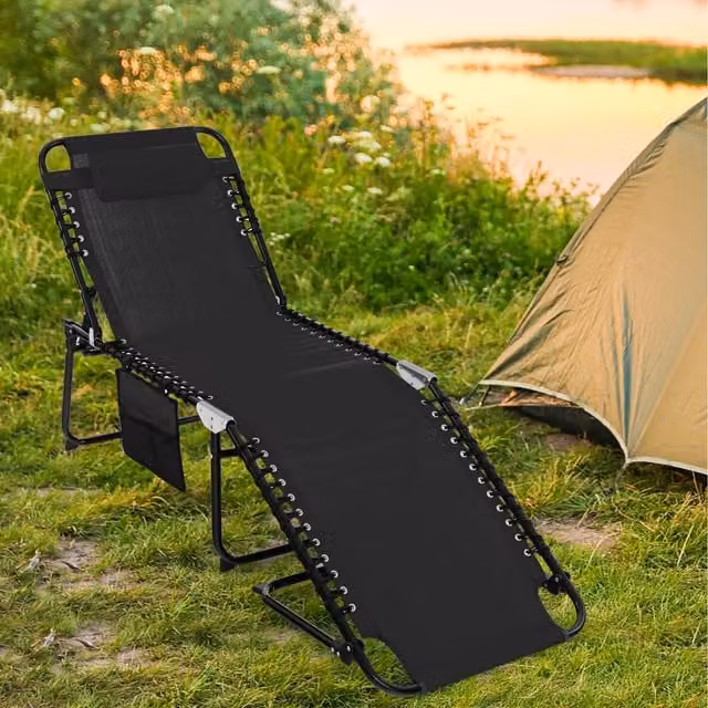 COSTWAY Black Folding Patio Chaise Lounge Chair with Adjustable Headrest and Textilene Fabric