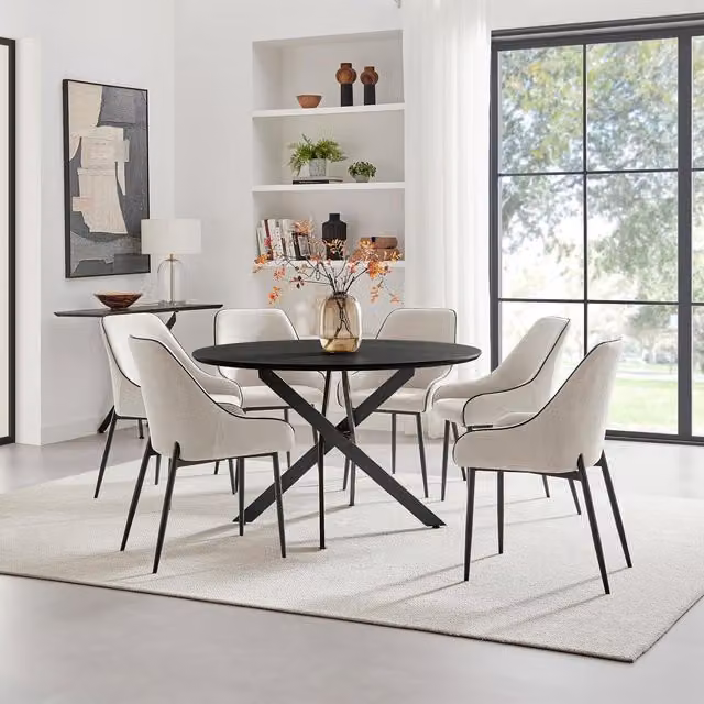 FurnitureboxUK Novara Dining Set with Black Top Table and 6 Beaumont Cream Fabric Chairs