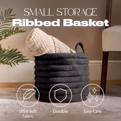 OHS Ribbed Faux Fur Small Storage Basket with Handles, Black, W/D/H: 26.0 x 26.0 x 34.0 cm – 2