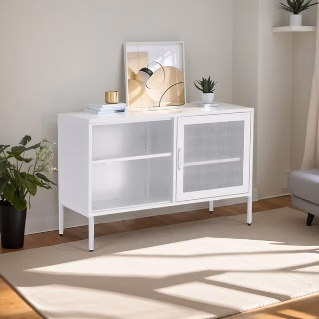 Livingandhome Modern White Freestanding Display Cabinet with Sliding Doors and Internal Shelves