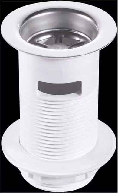 McAlpine 1.25 inch White Plastic Basin Waste with Stainless Steel Flange and Black PVC Plug – 1