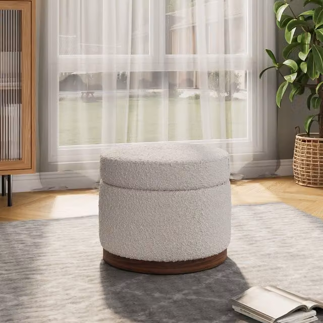 Lifeideas Cylindrical Bouclé Storage Ottoman in Beige and White