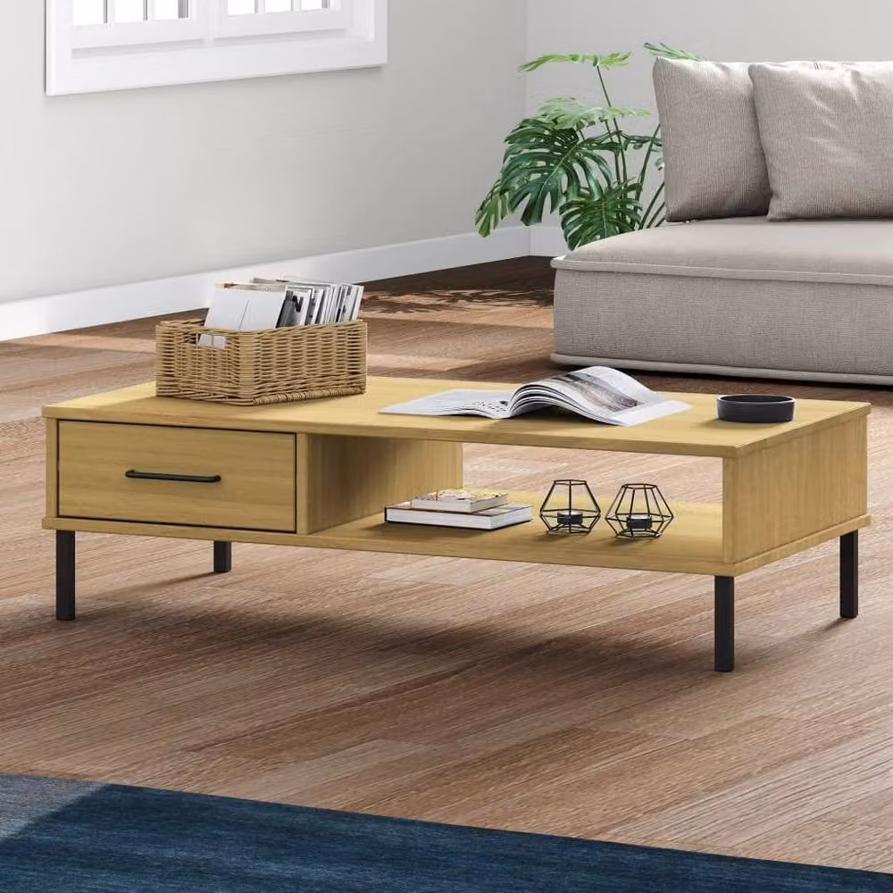 Berkfield Home Oslo Coffee Table in Brown Solid Pine Wood with Metal Legs – 2