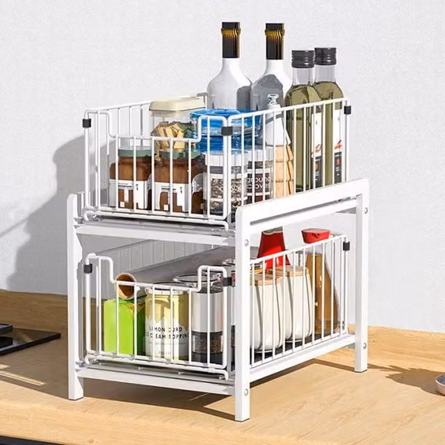 EONLION 2-Tier Metal Sliding Basket Under Sink Storage Drawer in White – 1