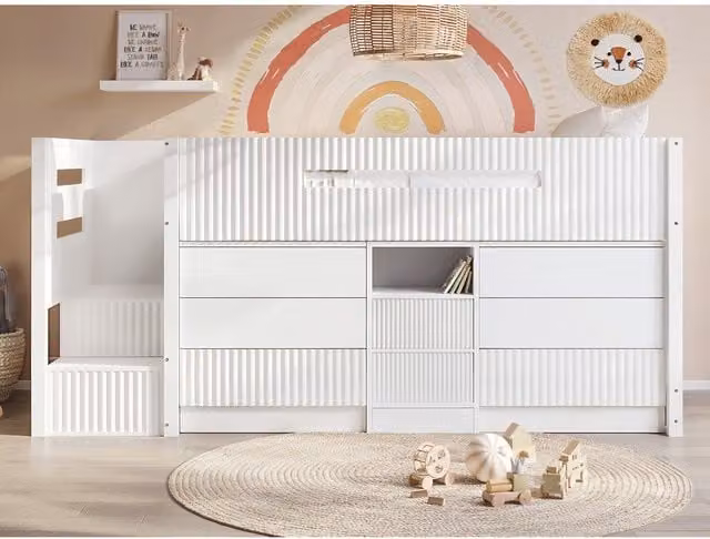 Flair Furnishings Luca Mid Sleeper Ribbed Storage Bed in White, W/D/H: 158.8 x 90 x 113 cm