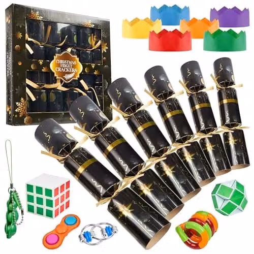 KreativeKraft Luxury Pop Christmas Crackers with Fidget Toys, Pack of 6, Black and Multicolour