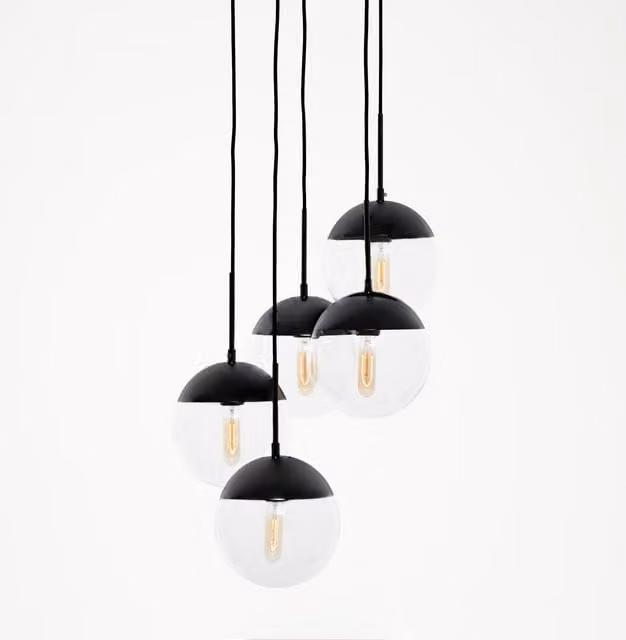 Orsina Five Globe Pendant Light by Interiors by Premier in Gold and Black with Transparent Glass Spheres