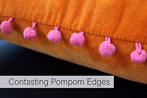 Riva Home Orange Faux Velvet Cushion with Fuchsia Pink Pompom Edges, W/D/H: 45 x 45 x 45 cm – 3