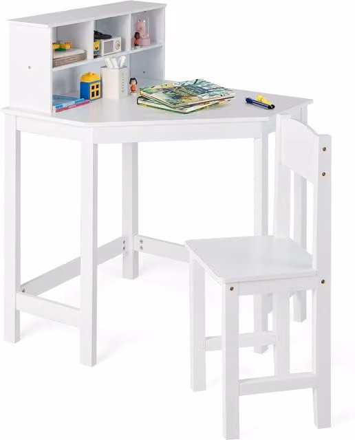 Costway Kids Corner Desk and Chair Set in White Pine Wood