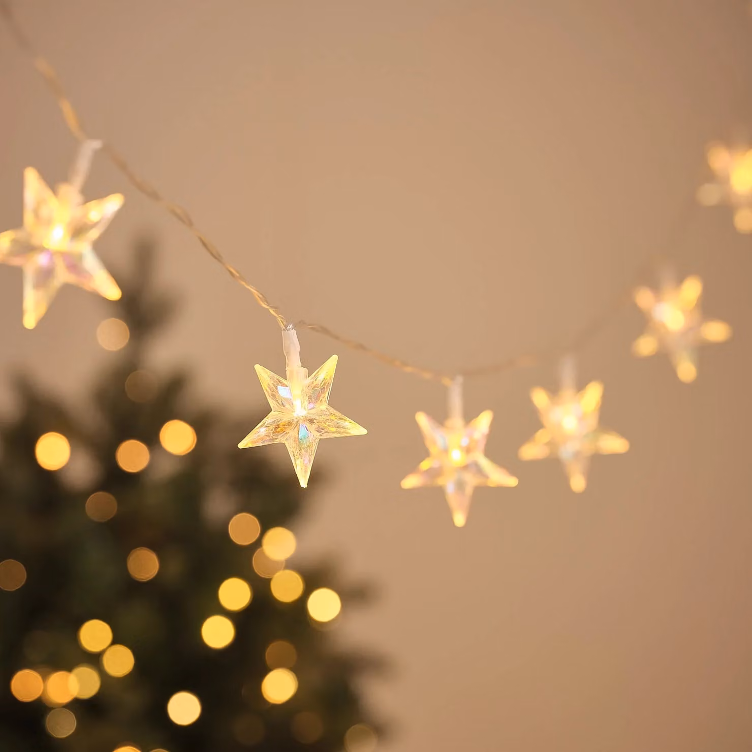 20 Iridescent Star LED Fairy Lights in Multicolour with Warm White Light and Timer Function
