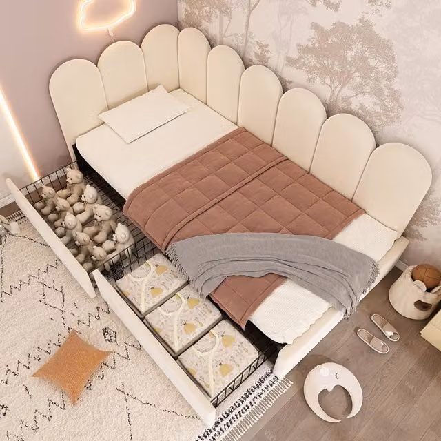 Merax Upholstered Single Bed Daybed with Drawers in Beige, W/D/H: 190 x 90 x 90 cm