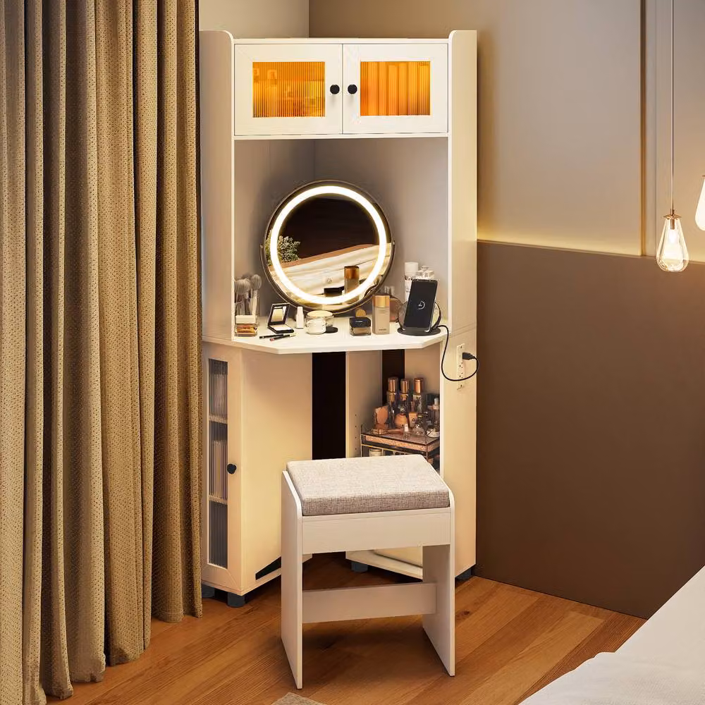 Gymax Corner Dressing Table with LED Lights, Cushioned Stool and Charging Station in White – 3