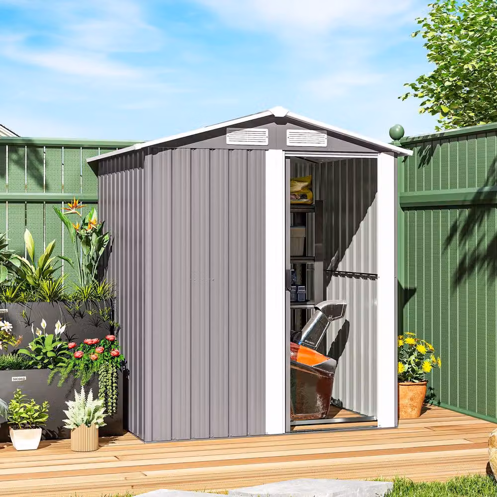 Rolipo Grey Metal Pent Garden Shed with Foundation Kit, W: 152 cm, D: 132 cm, H: 188 cm – 3