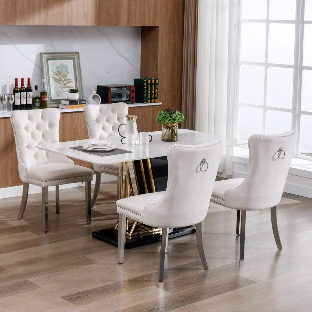 HomeTouch Set of 2 Luxie Velvet Dining Chairs with Metal Legs in Beige – 2