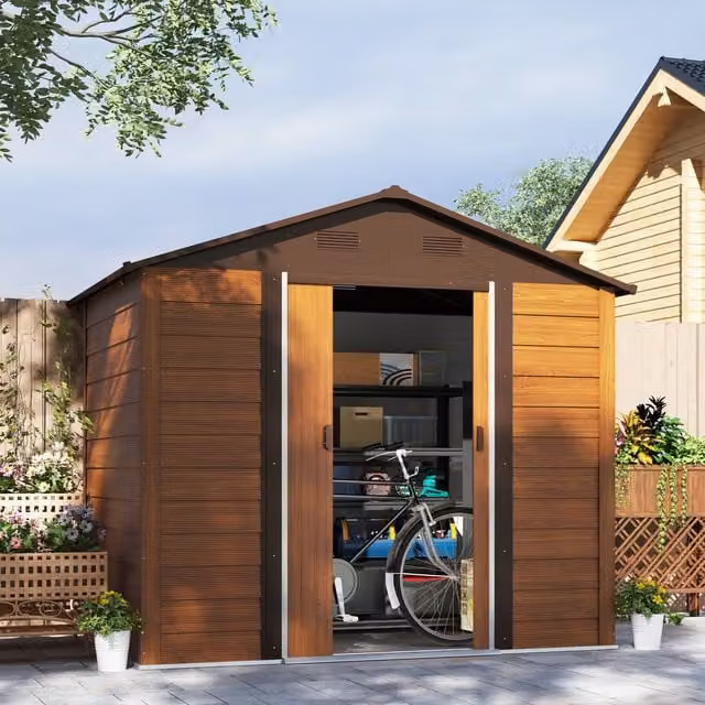 Outsunny Brown Wood Effect Pent Garden Storage Shed with Sliding Door and Steel and Plastic Construction