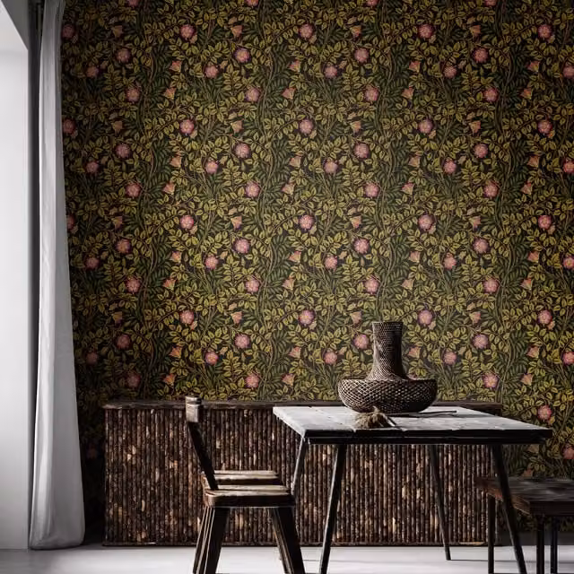 Hoopla Walls Rosehip Trail Floral Wallpaper in Aubergine, Purple, Yellow and Green