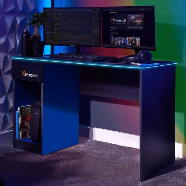 X-Rocker Carbon-Tek RGB LED Gaming Desk with Drawer and PC Storage Shelf in Grey and Blue, W: 120 cm, D: 53.5 cm, H: 75.5 cm – 1