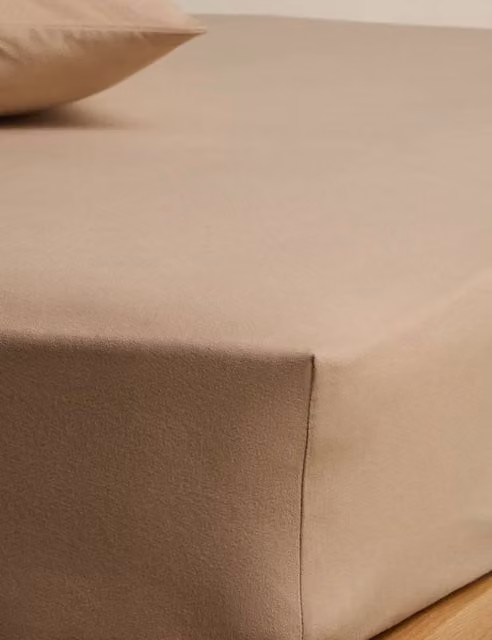 M&S Pure Brushed Cotton Flannelette Deep Fitted Sheet, Beige, 90 x 190 cm