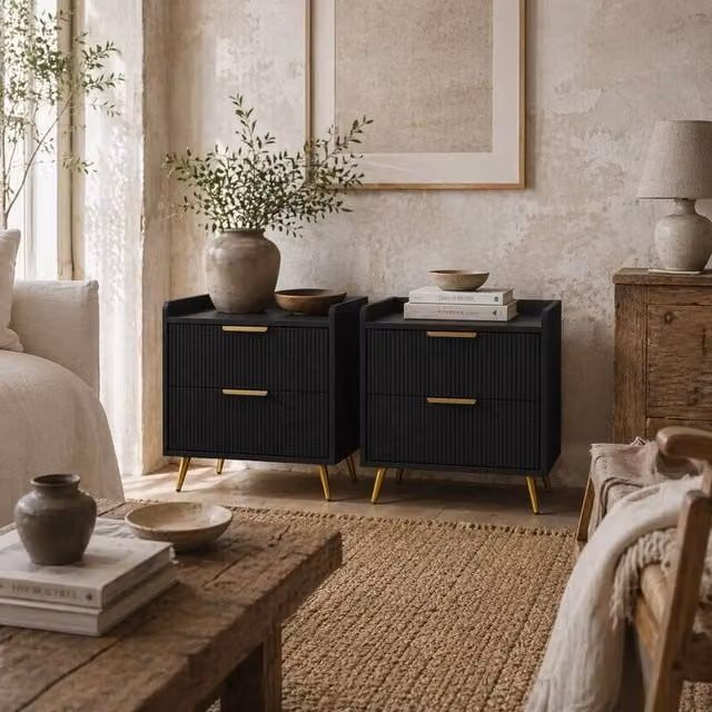 Wyld Haus Veha Set of 2 Black Ribbed 2 Drawer Bedside Tables with Gold Handles