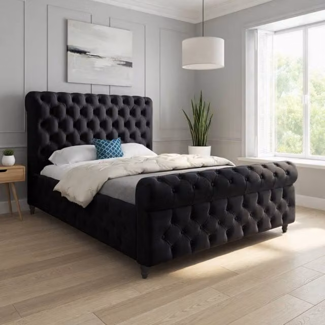 KDMD Tiddington Sleigh Upholstered Designer Bed Frame in Black Soft Velvet, Size: King (180 x 200 cm)