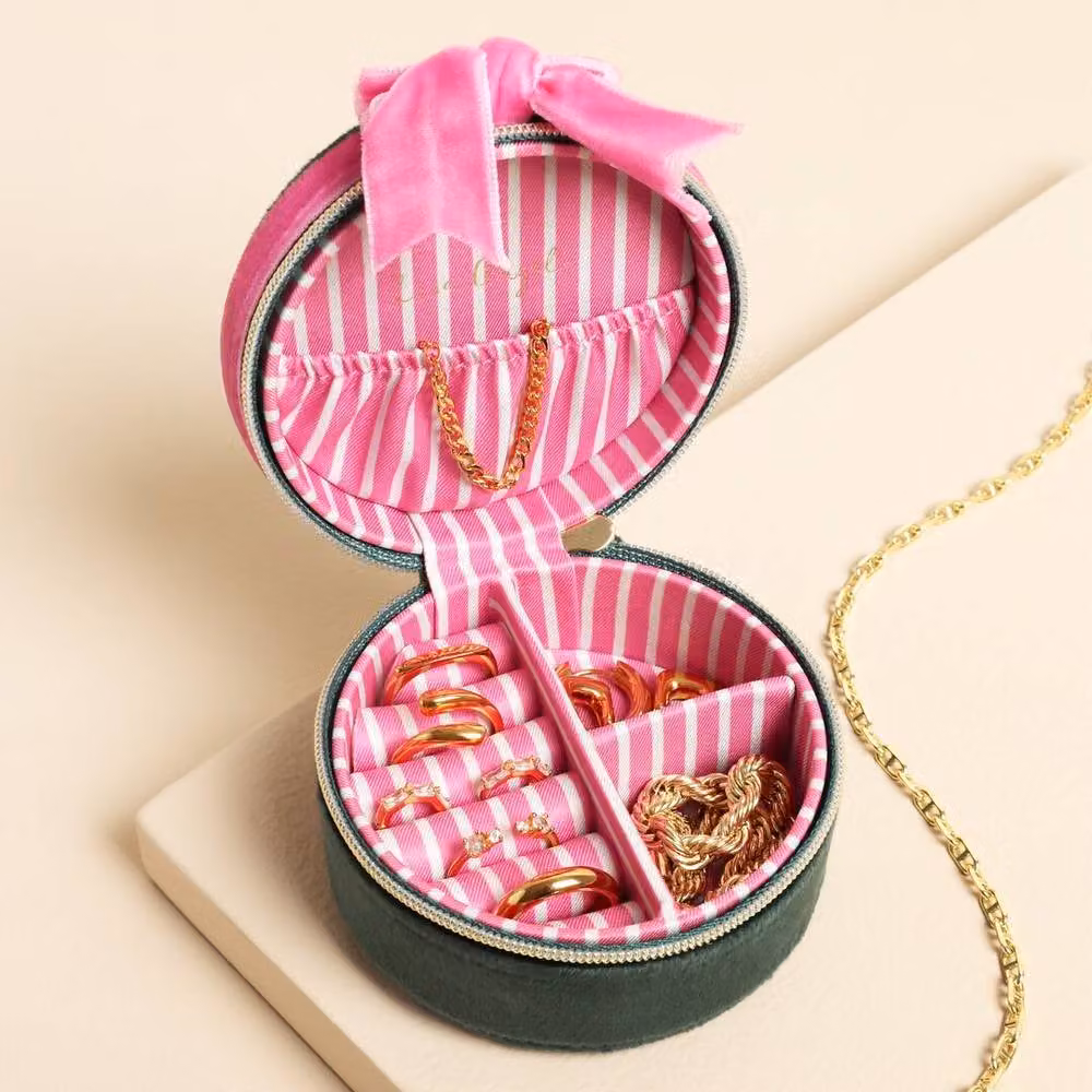 Lisa Angel Green and Pink Velvet Bow Mini Round Travel Jewellery Case – 2