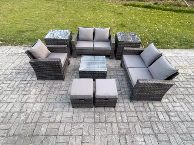 Fimous 7 Seater Rattan Garden Furniture Set in Dark Grey with Sofa, Coffee Table, Chair, 2 Side Tables and 2 Footstools