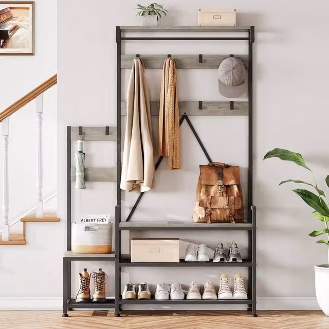 London Boutique Industrial Hall Tree with Shoe Rack Bench and Hooks in Grey