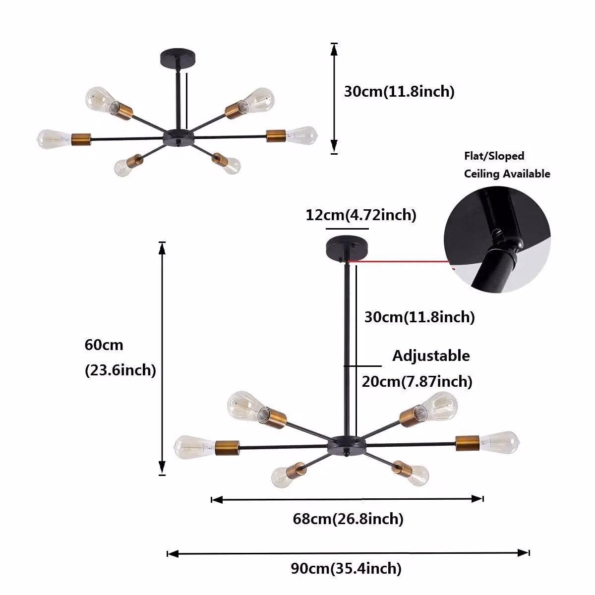 Garwarm Modern Black Metal 6-Light Sputnik Chandelier with Adjustable Height – 3