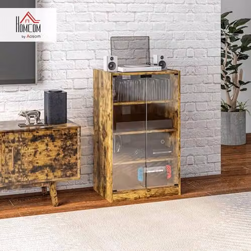 HOMCOM 4-Tier Hi-Fi Record Player Stand with Glass Doors and Internal Shelves, Rustic Brown – 2