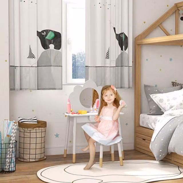 AIYAPLAY Kids Dressing Table with Mirror, Stool and Drawer in White Cloud Design