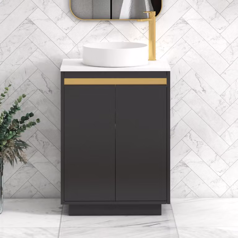 Royal Bathrooms Orion 2 Door Matt Obsidian Black Floor Standing Vanity Unit with Plain White Stone Countertop Basin and Brushed Brass Accent Trim