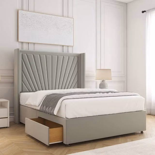 BSSPOKE Alina Double Divan Bed with 54 inch Headboard, 2 Drawers and Mattress in Silver Plush Velvet, W/D/H: 140 x 200 cm