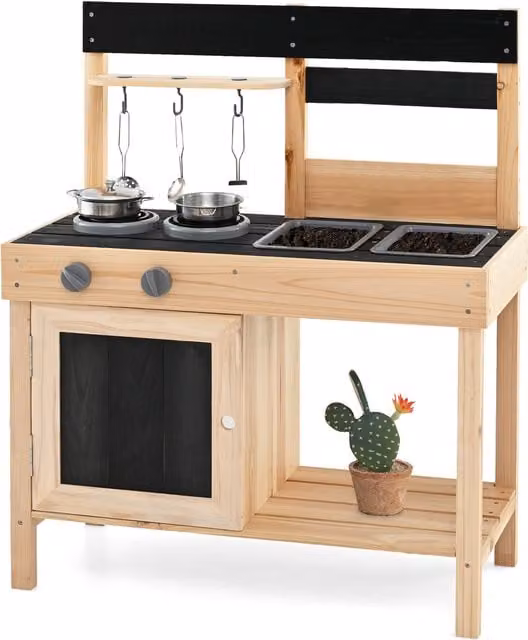 COSTWAY Kids Mud Play Kitchen with Dual Sinks in Brown and Multicolour Wood