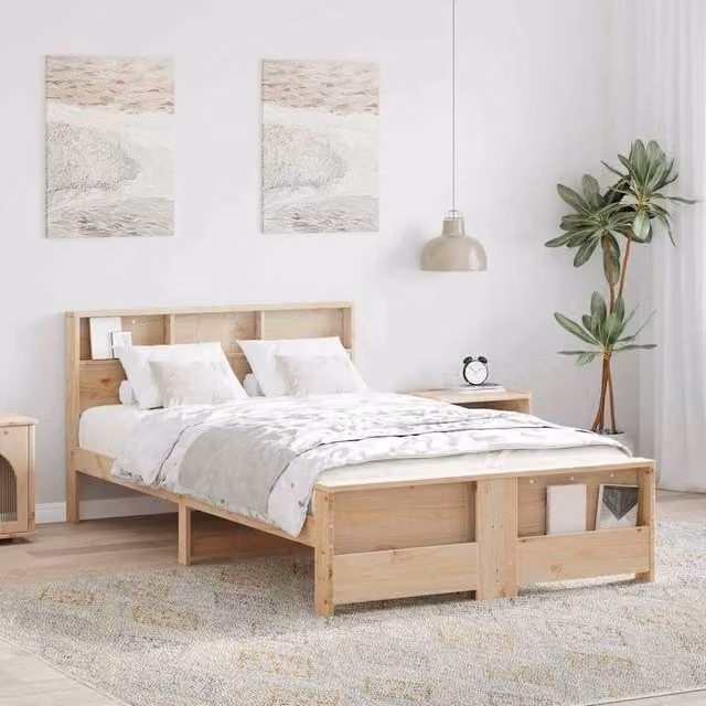 Berkfield Home Modern Pine Bed Frame with Headboard in Brown and Beige, W/D/H: 140 x 190 x 82 cm – 1
