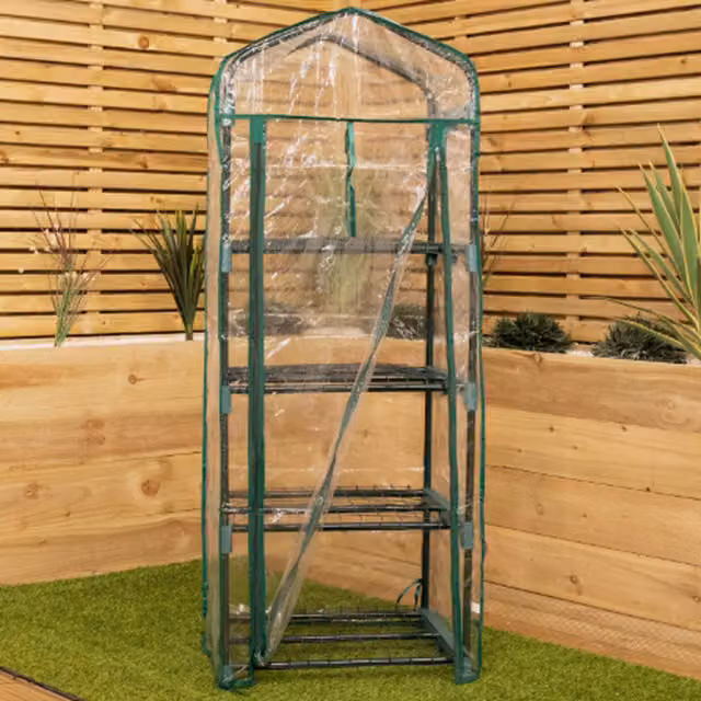 Garden Mile 4 Tier Mini Freestanding Greenhouse Frame with Transparent PVC Cover in Green