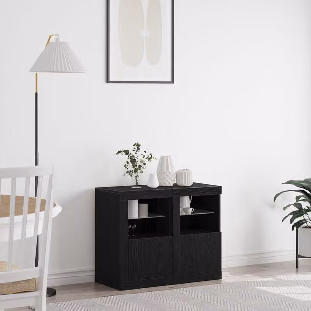 Berkfield Home Side Cabinets with Integrated LED Lights, Black Oak, Set of 2, W: 41 cm, D: 37 cm, H: 67 cm