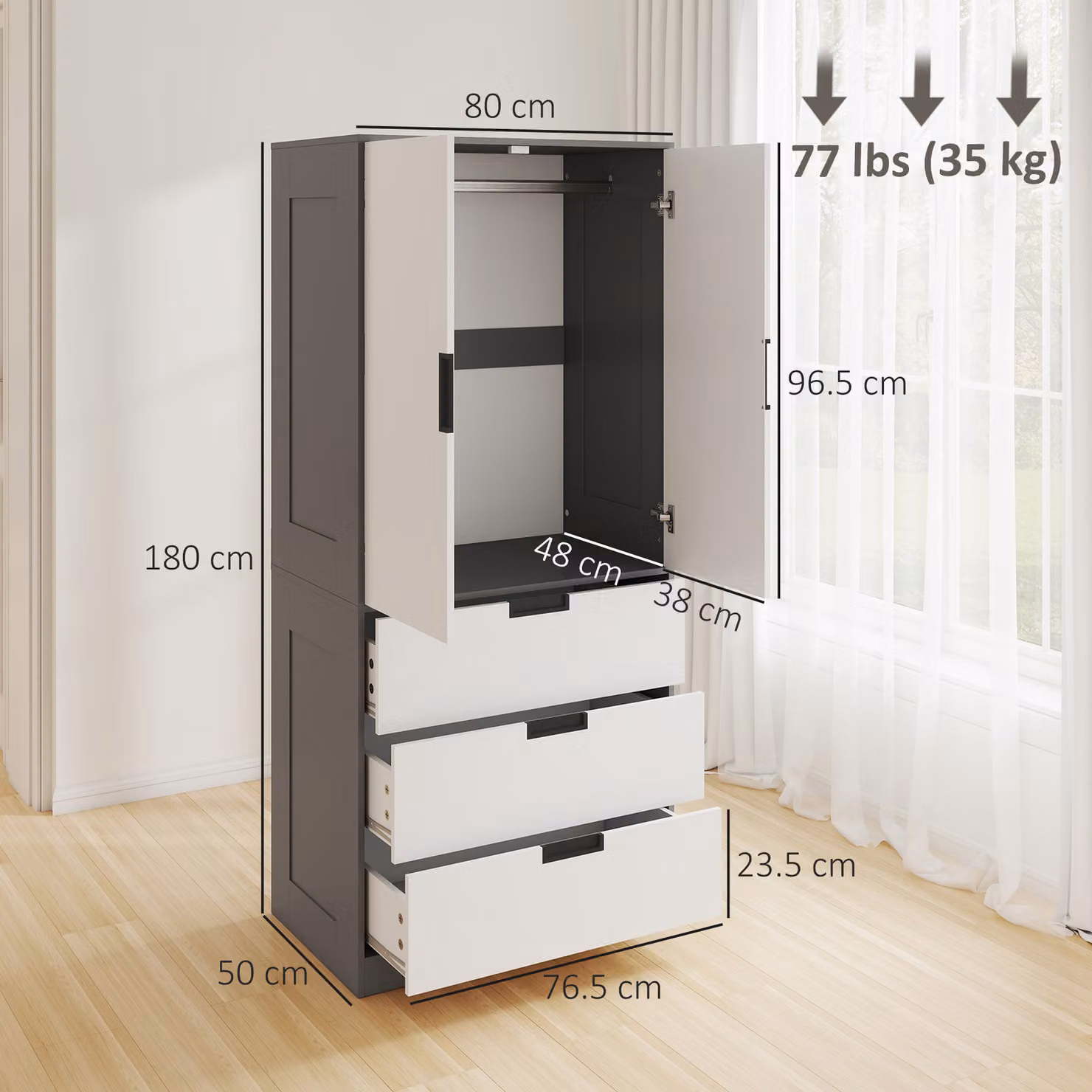 HOMCOM Modern 2 Door Wardrobe with 3 Internal Drawers and Hanging Rod in Grey and White – 3