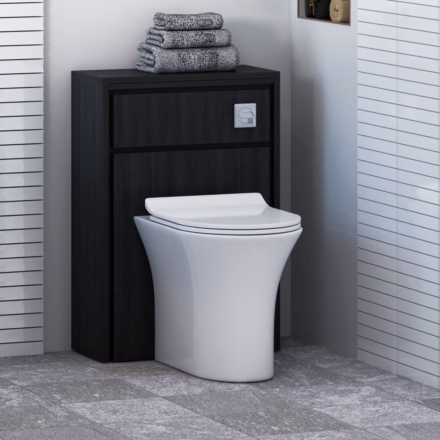 Livora Black Woodgrain Wall Mounted WC Unit with Breeze Rimless Ceramic Toilet Pan, Slim Soft Close Seat and Cistern, Width: 55.5 cm