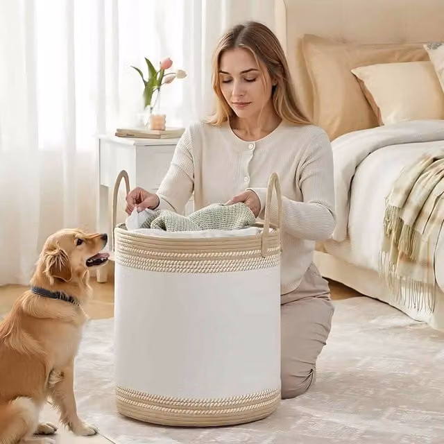 The Bazaarist Cotton Rope Laundry Basket with Handles, White and Camel Brown