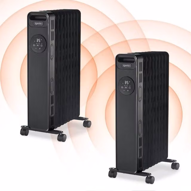 Igenix 2000W Digital Oil Filled Radiator with 24 Hour Timer, Black, Pack of Two