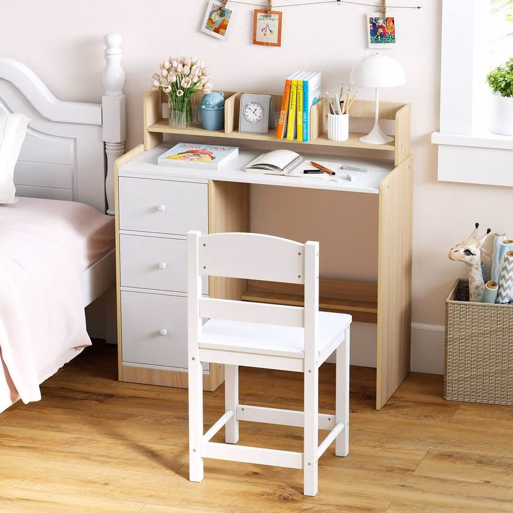 Costway Kids Study Desk and Chair Set in Natural Wood with Hutch and 3 Drawers – 3