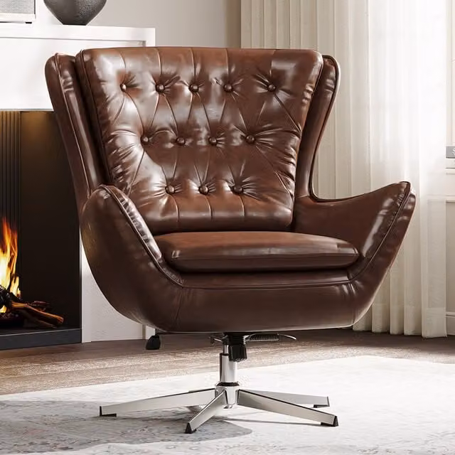 Livingandhome Mid-Century Brown Synthetic Leather Swivel Office Armchair with Armrests