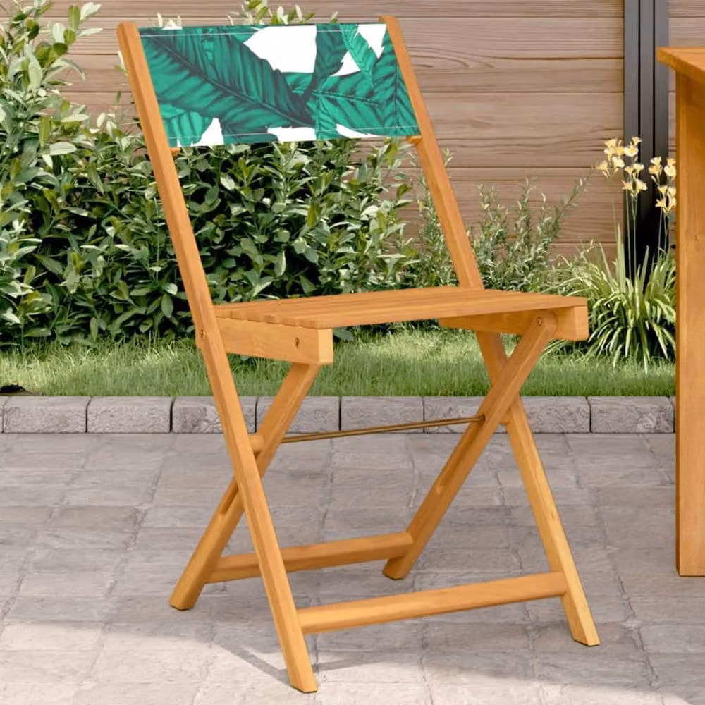 Berkfield Home Bistro Chairs Set of 2, Tan Acacia Wood and Fabric with Floral Leaf Pattern – 2
