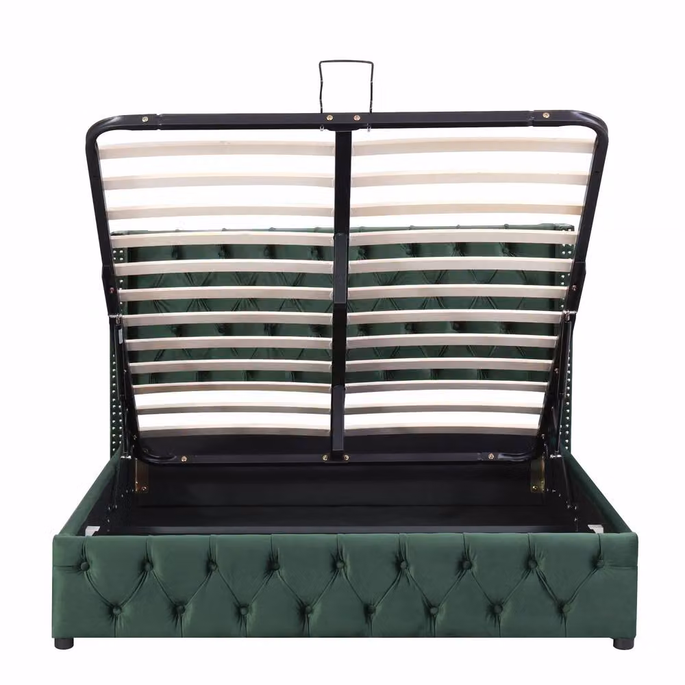 Rolipo Modern Upholstered Velvet Double Bed in Green with Lift Up Base, W/D/H: 140 x 200 cm – 7