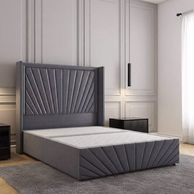 Regional Furnishings Upholstered Velvet Divan Bed with Headboard and Footboard in Grey, Size: Double (W/D: 140 x 200 cm)