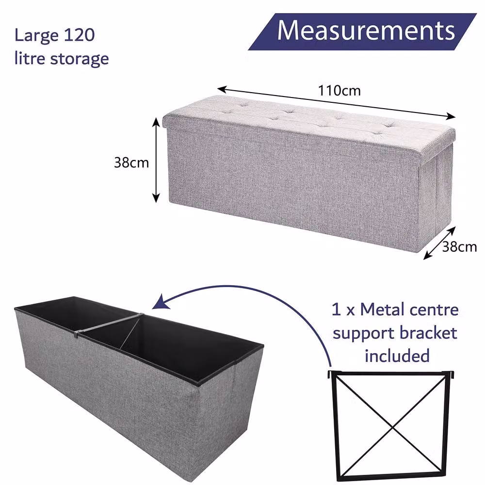 Dprodo Linen Folding Storage Ottoman and Foot Rest Stool in Mid Grey, W/D/H: 110 x 38 x 38 cm – 3
