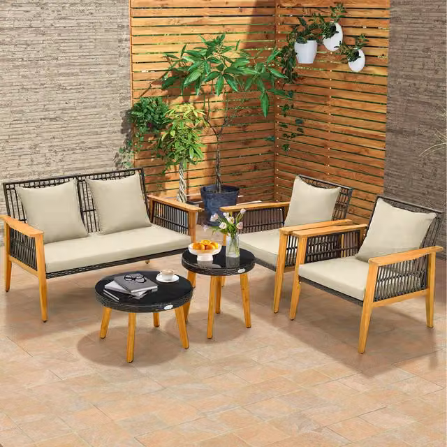Costway 5 Piece Brown Acacia Wood and Metal Outdoor Conversation Set